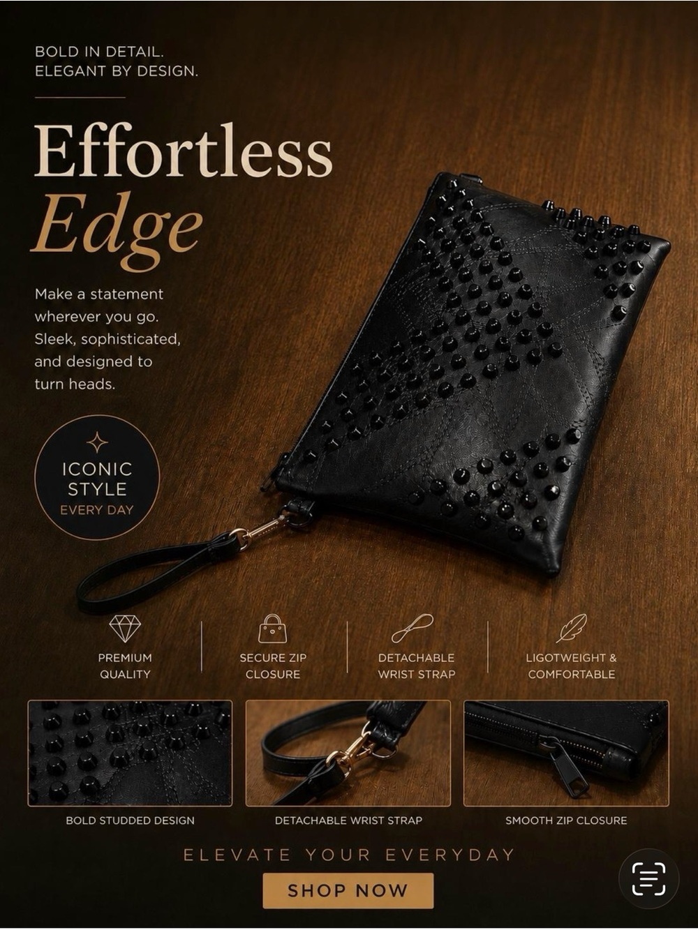 Black Studded Wristlet Clutch for Women